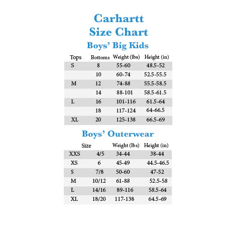 Carhartt Size Chart Youth