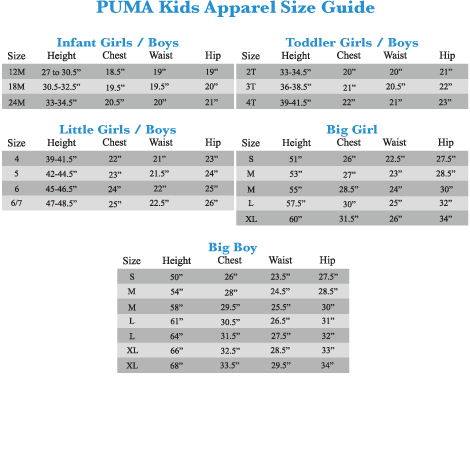 Puma Girls Size Chart