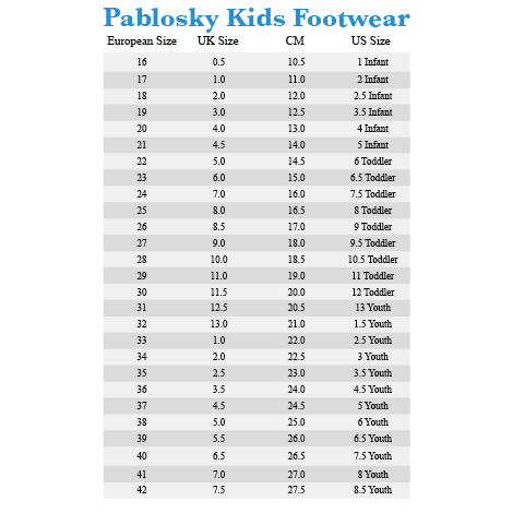 Pablosky Size Chart