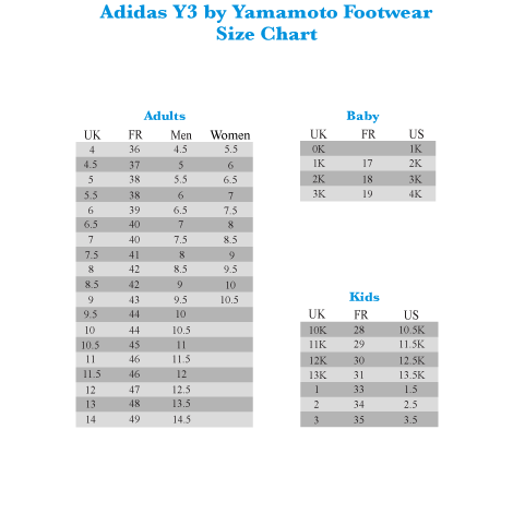 Adidas Y3 Size Chart