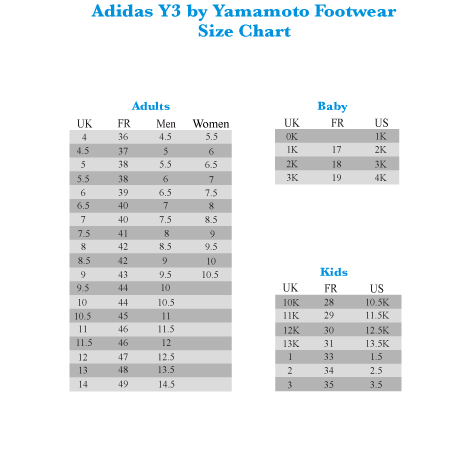 Y 3 Size Chart