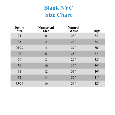 Blank Nyc Jeans Size Chart