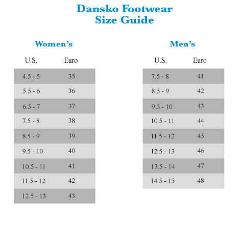 dansko shoes sizes chart
