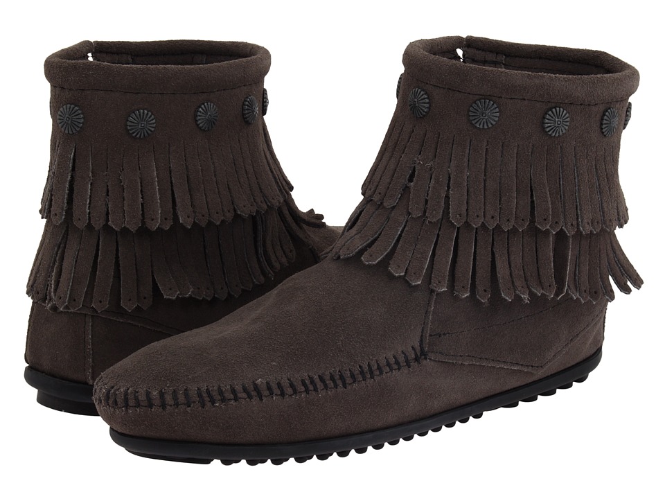 Minnetonka Double Fringe Side Zip Boots (Grey Suede) Women's Zip Boots