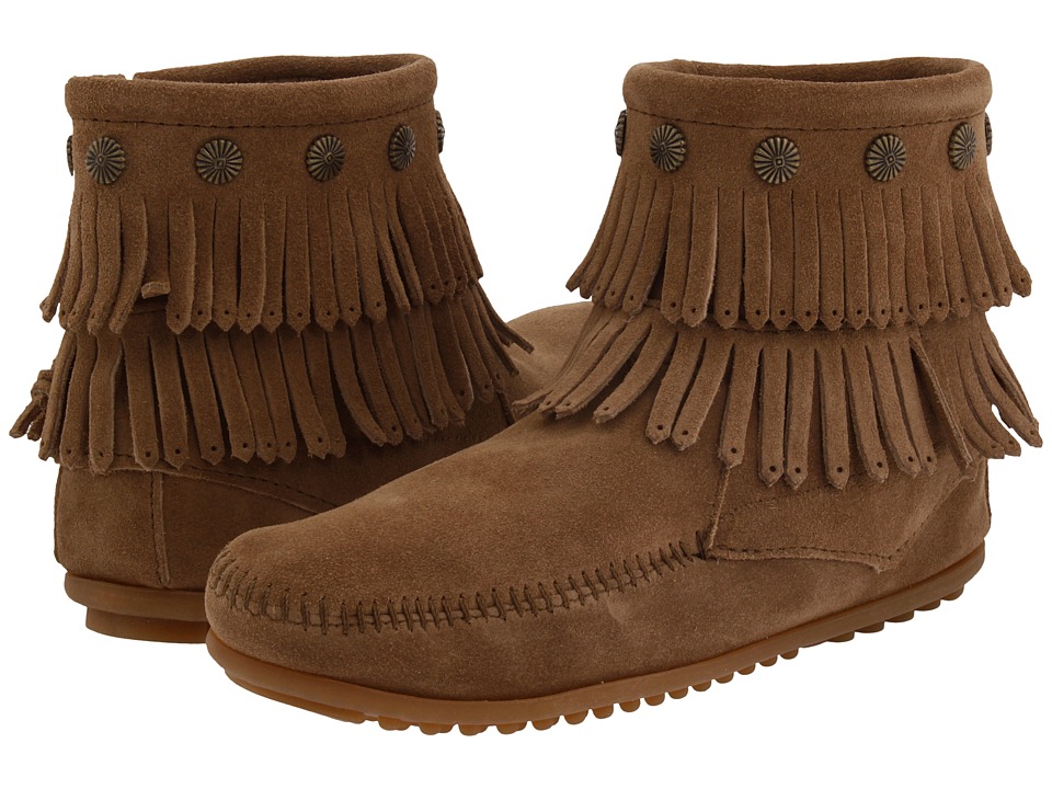Minnetonka Double Fringe Side Zip Boots (Taupe Suede) Women's Zip Boots