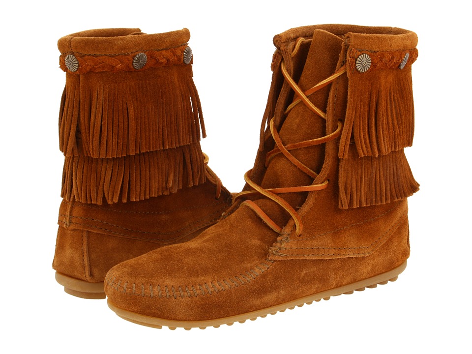 Minnetonka Double Fringe Front Lace Boots (Brown Suede)
