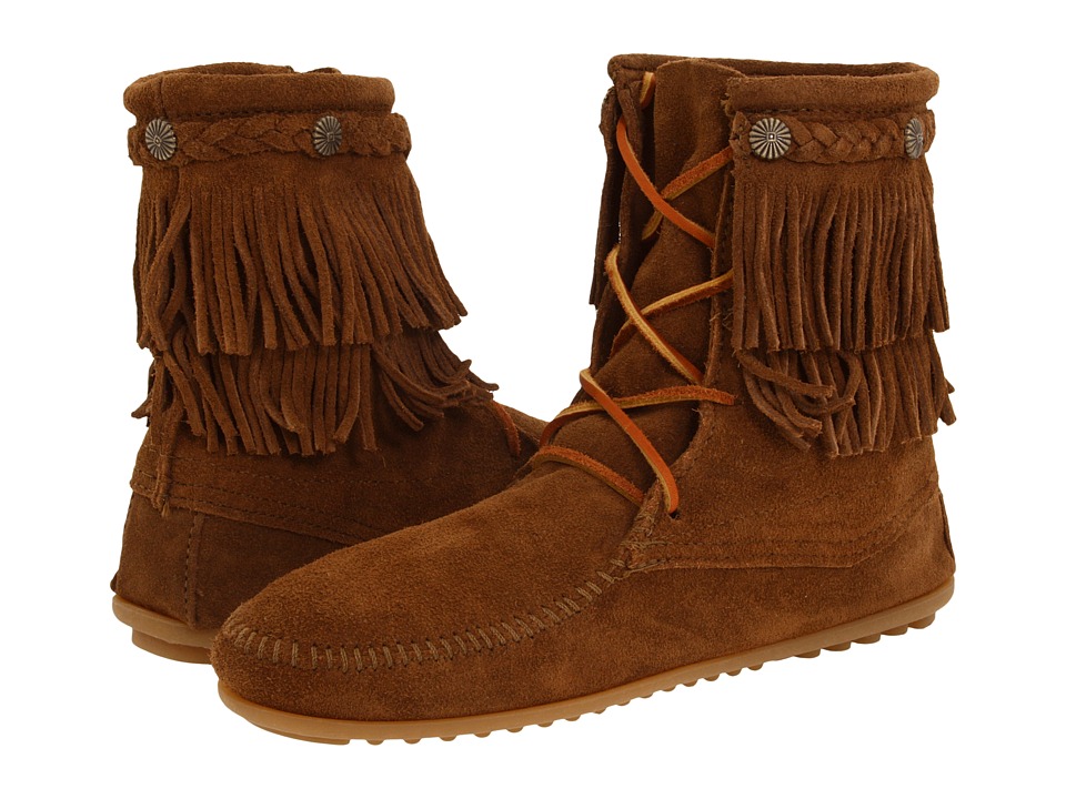 Minnetonka Double Fringe Front Lace Boots (Dusty Brown Suede)