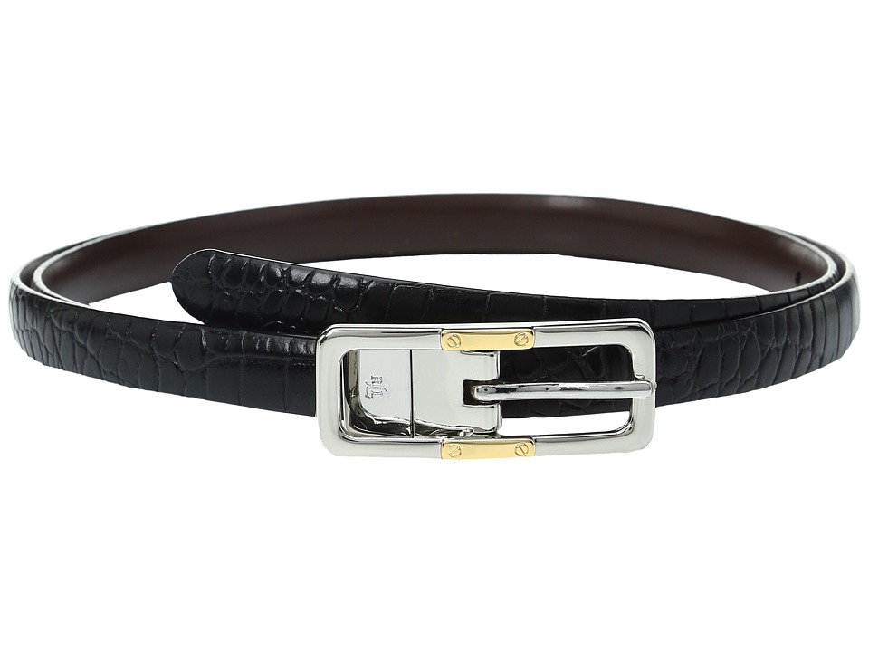 LAUREN Ralph Lauren Croc to Smooth Reversible Belt with Two-Tone Buckle (Black/Dark Brown) Women