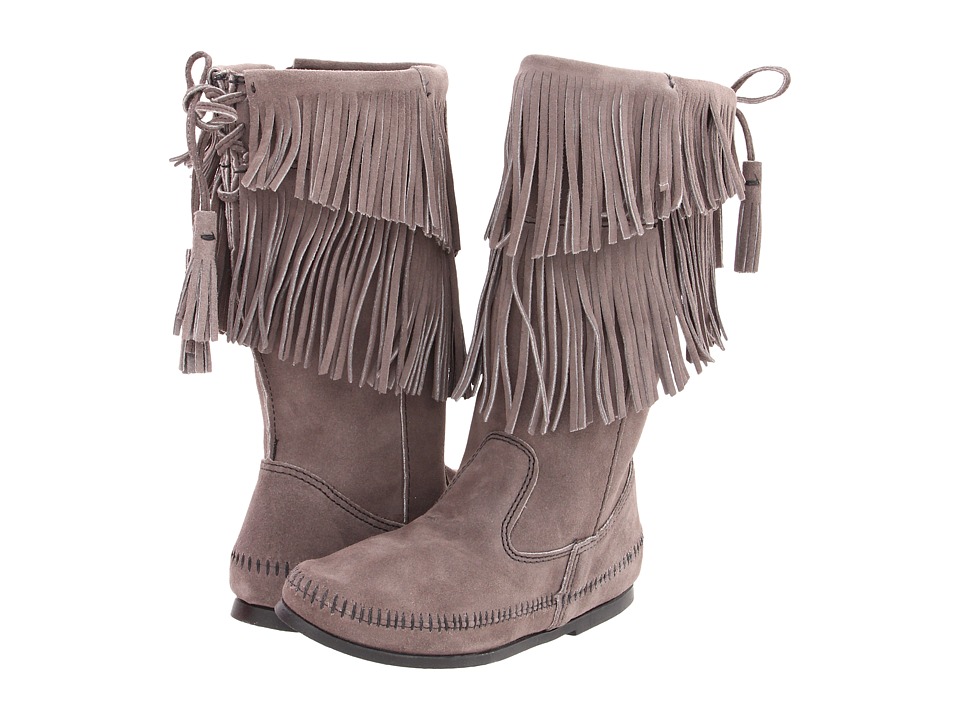 Minnetonka Calf Hi 2-Layer Fringe Boot (Grey) Women