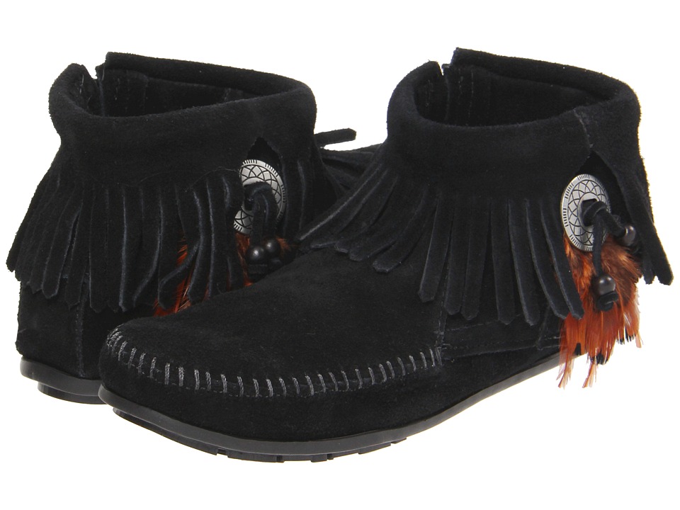 Minnetonka Concho/Feather Side Zip Boot (Black Suede) Women