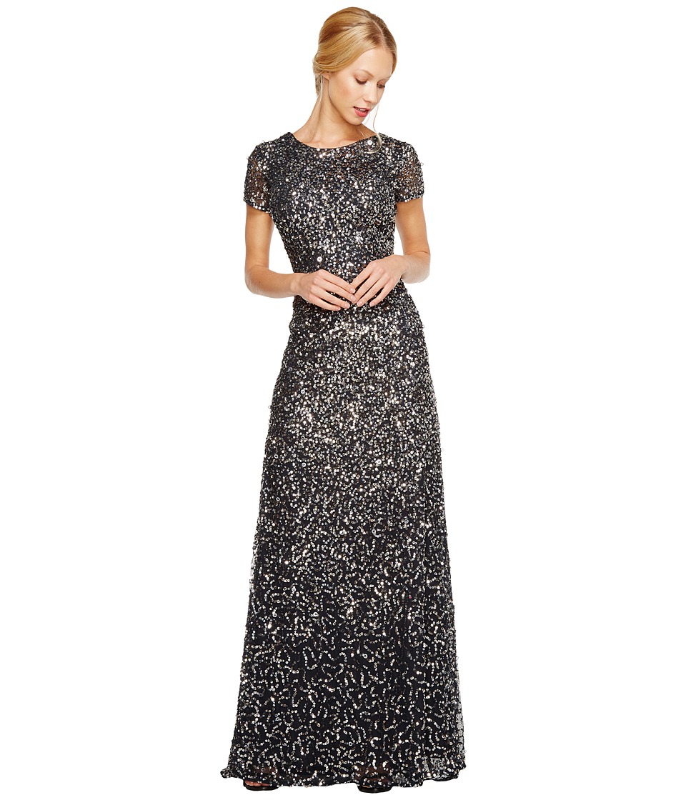 Adrianna Papell Cap Sleeve Scoop Back Beaded Down Gown (Charcoal) Women