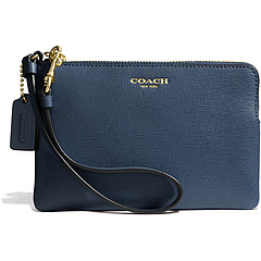 COACH Saffiano Leather Small Wristlet Light Gold/Navy