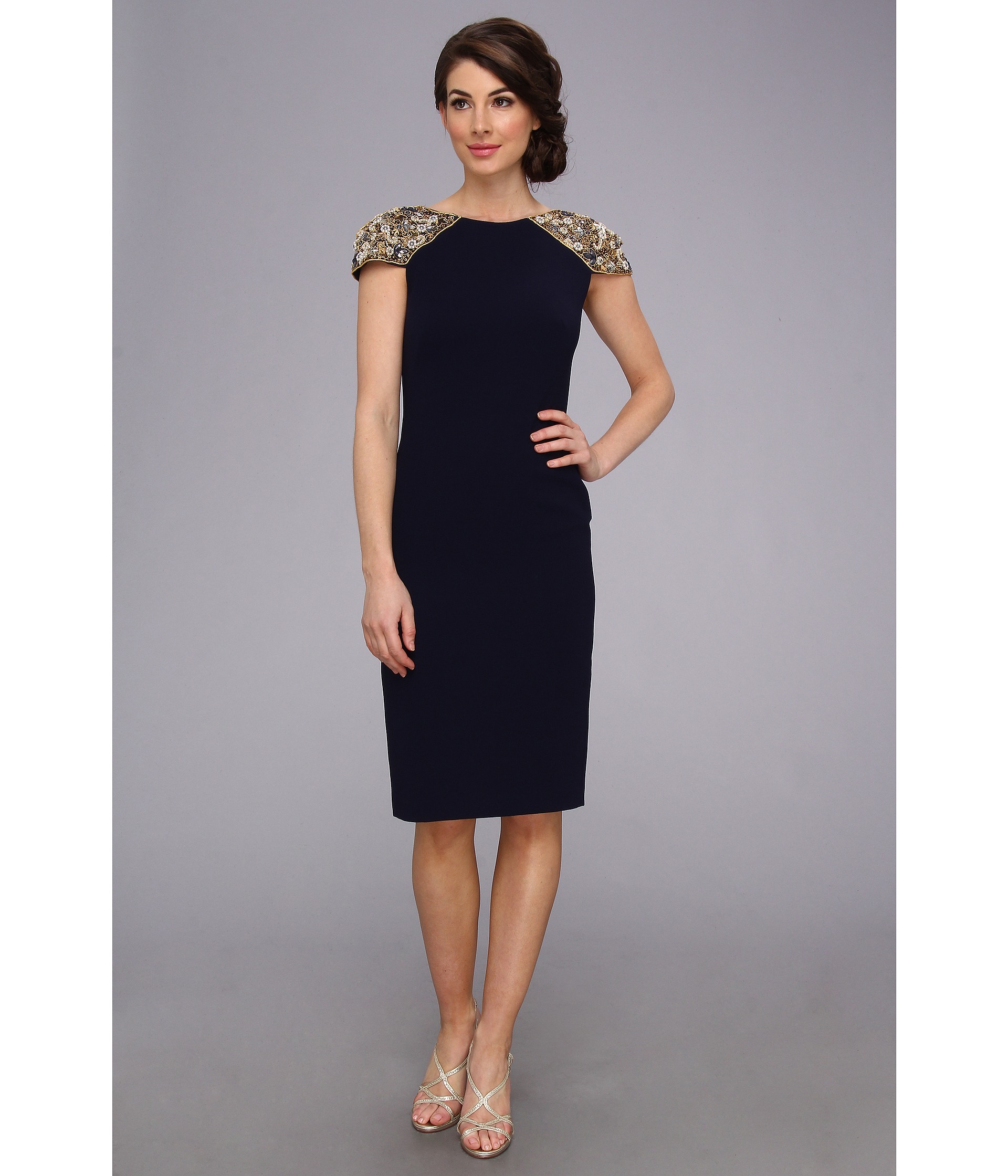 badgley mischka beaded cap sleeve cocktail dress