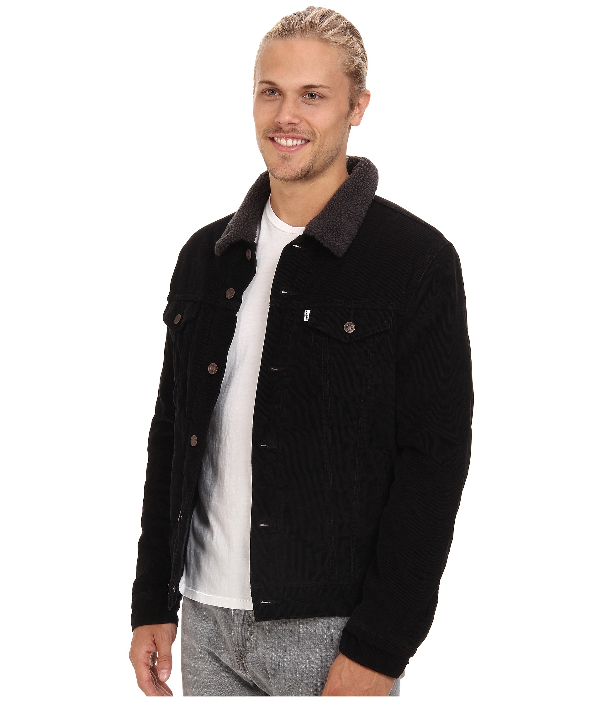 Mens Relaxed Fit Sherpa Trucker Jacket Black - Corduroy - Zappos ...
