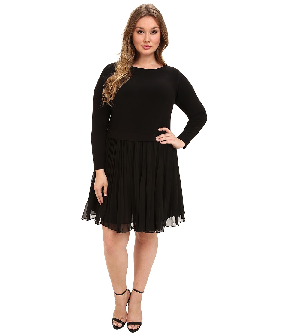 ... Papell Plus Size Pleated Sleeve Fit Flare (Black) Women's Clothing