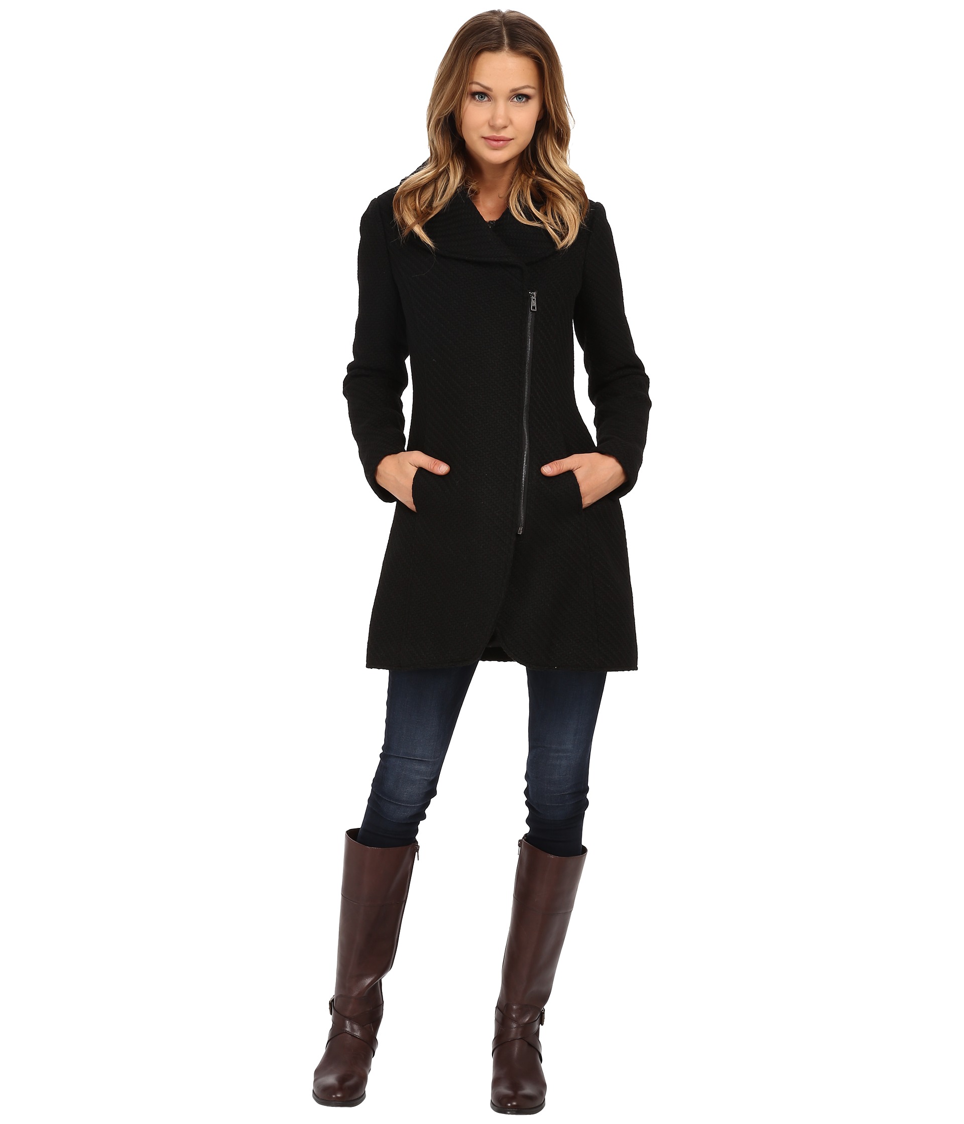 Jessica Simpson Asymmetrical Braided Wool Coat with Shawl Collar Black - Zappos.com ...