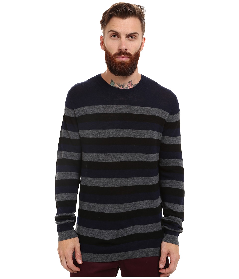 French Connection - Merino Stripe Knits (Marine Blue/Dark Grey Melange) Men