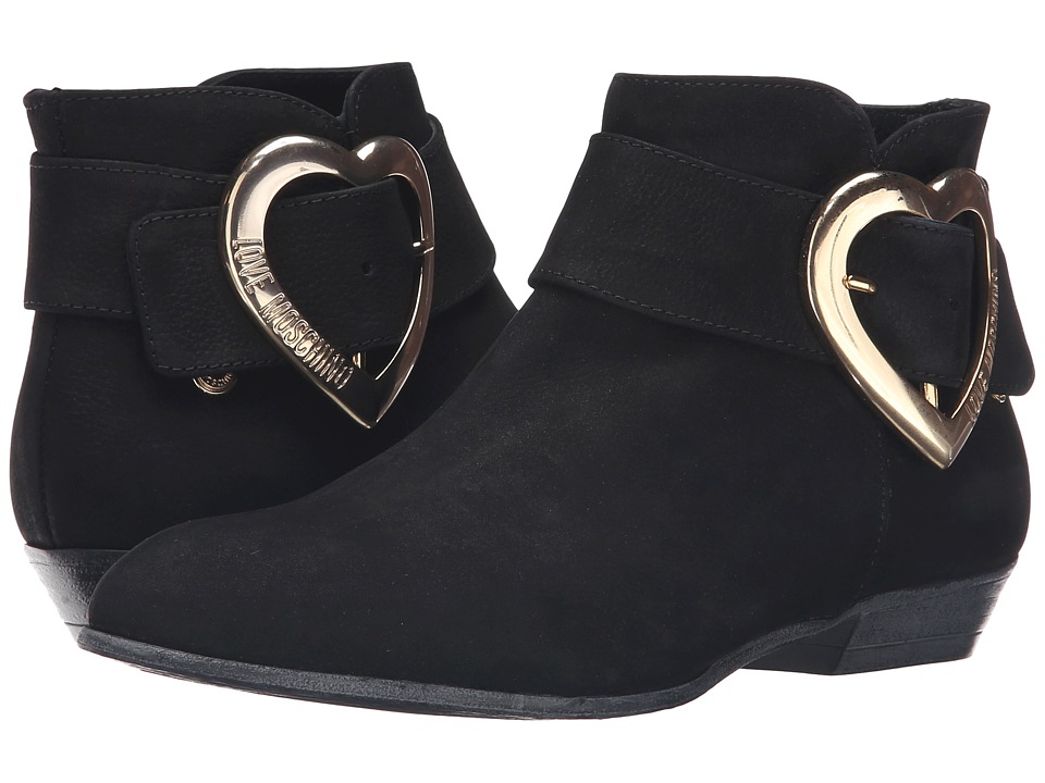 LOVE Moschino - Suede Heart Buckle Ankle Bootie (Black) Women