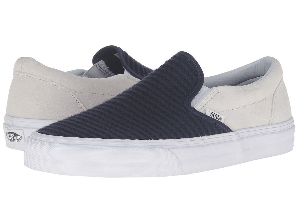 Vans Classic Slip-On ((Suede/Woven) Navy Blue/True White) Skate Shoes