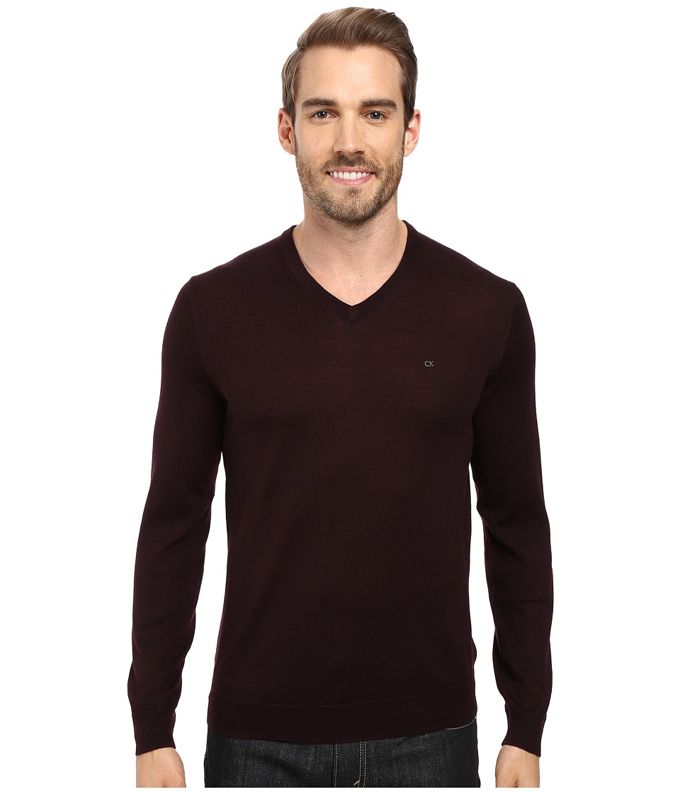 Calvin Klein Solid Merino V-Neck Sweater (Dark Chestnut) Men