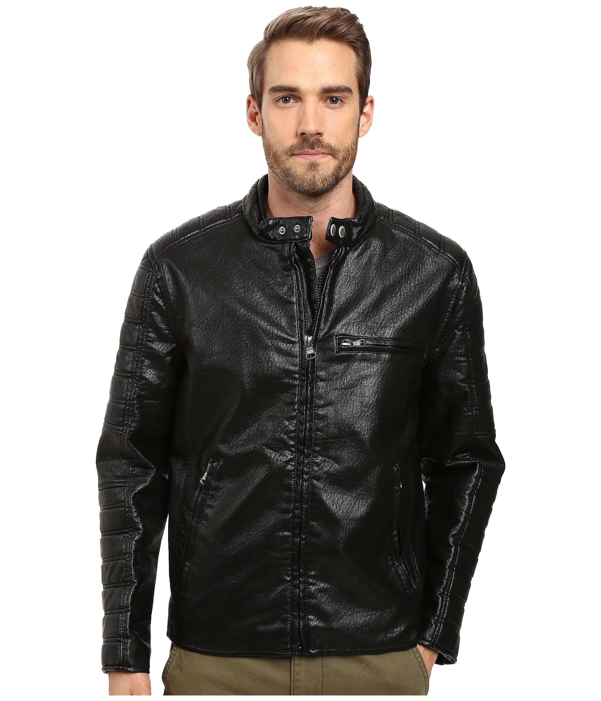 Leather Jacket Shipped Free At Zappos Marc New York By Andrew Watkins Distressed Faux Leather Moto Jacket With Quilted Sleeves