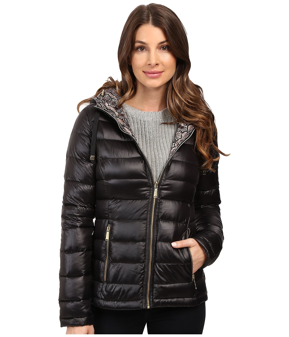 Calvin Klein Reversible Short Hooded Packable Down (Black/Microsnake) Women