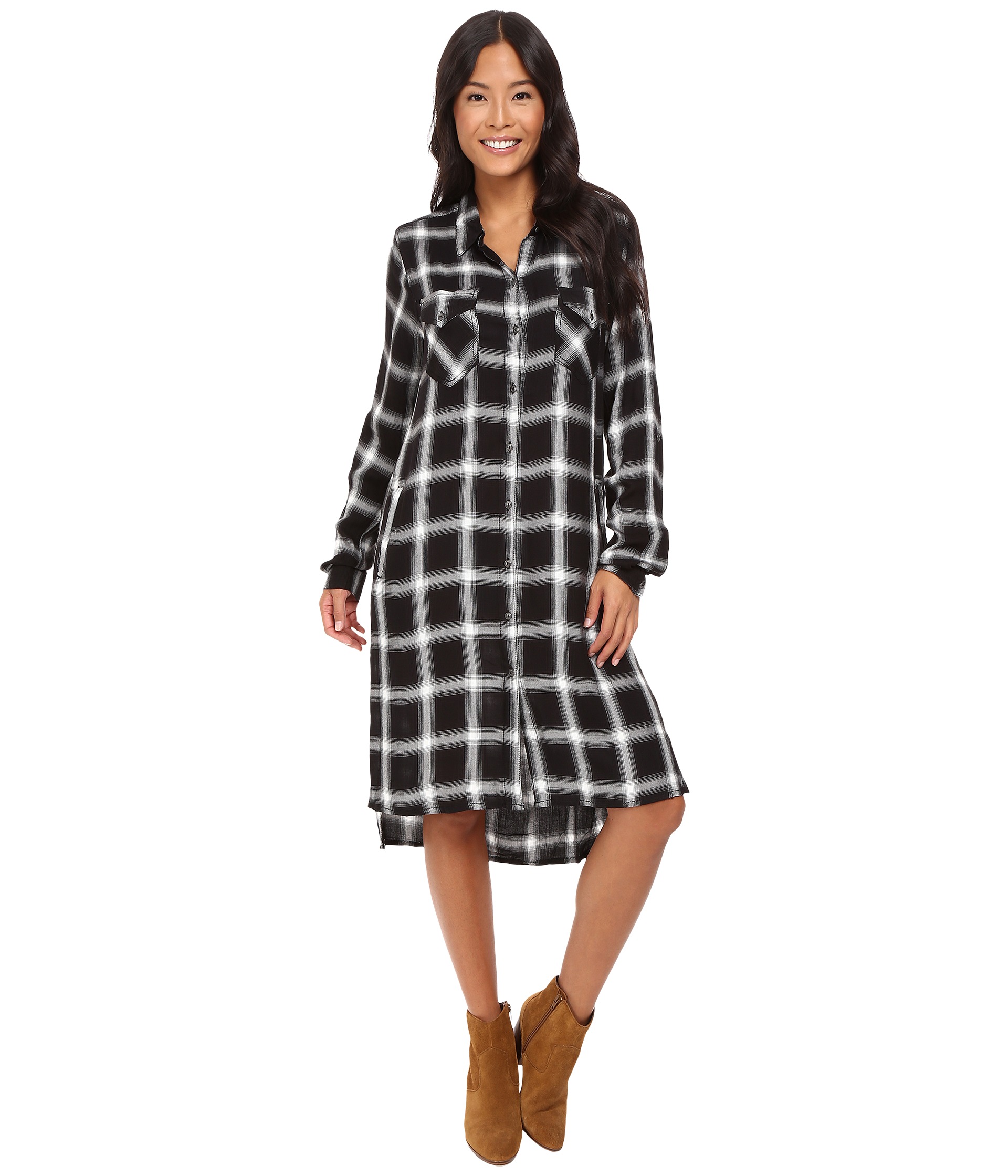 Blank NYC Point Collar Plaid Long Shirtdress in Old Polaroid