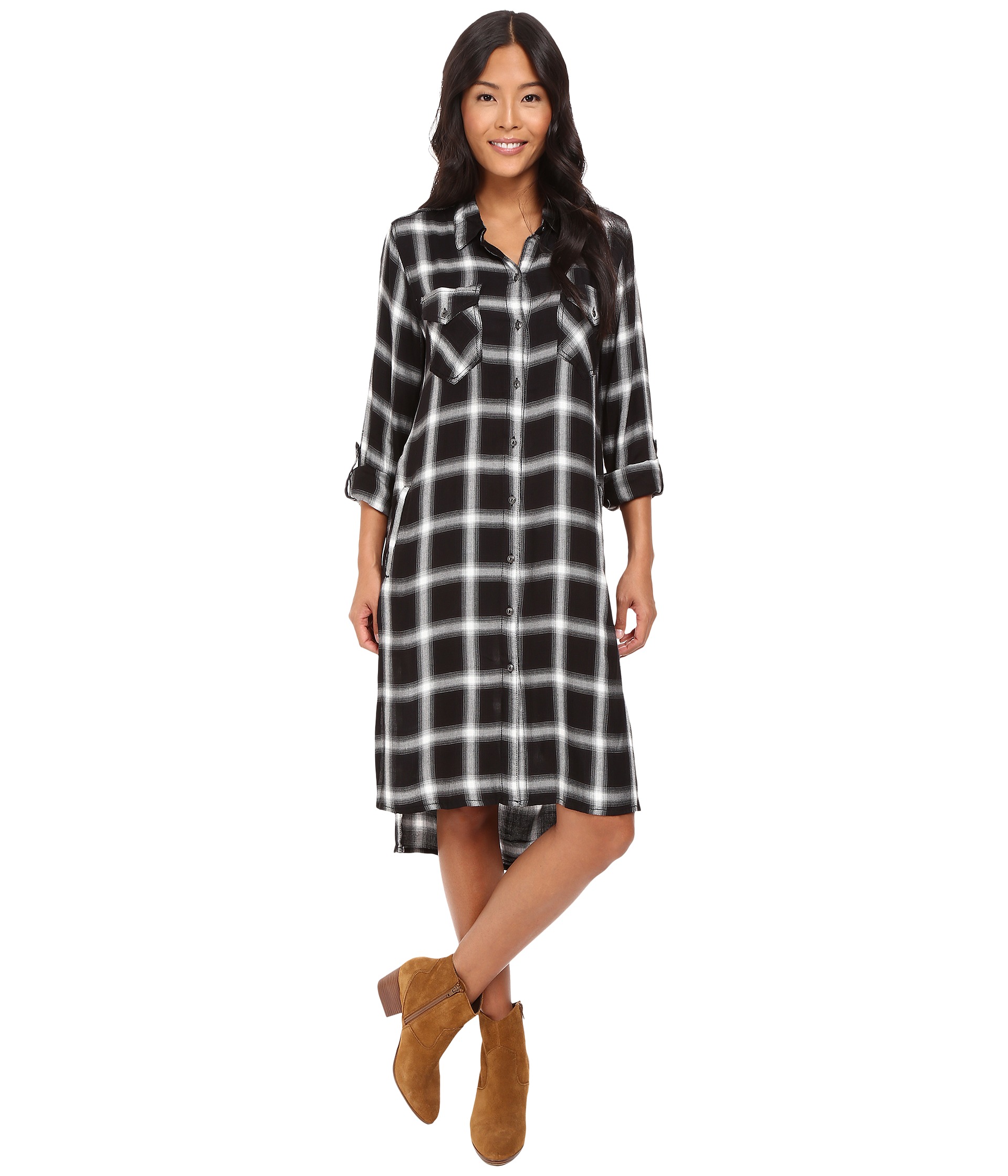 Blank NYC Point Collar Plaid Long Shirtdress in Old Polaroid
