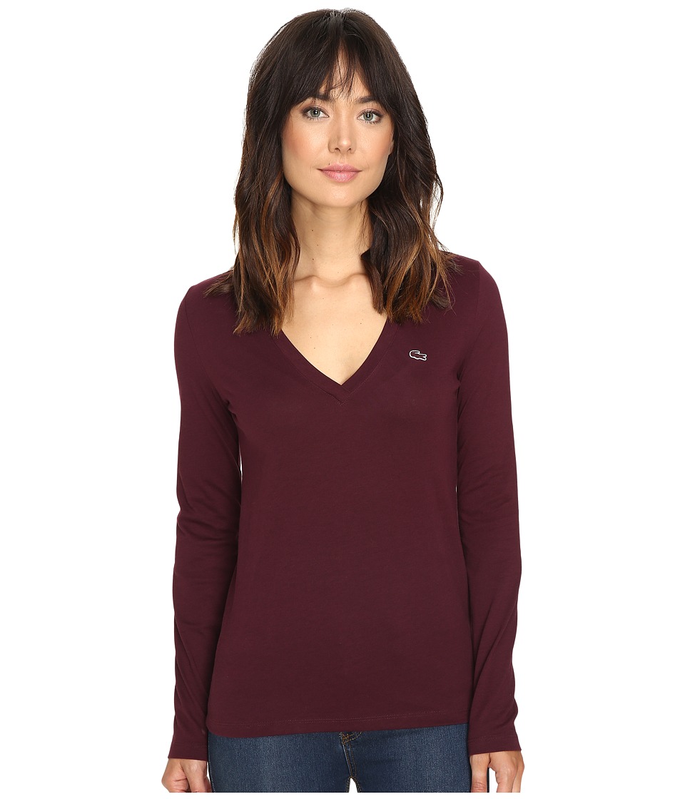 Lacoste - Long Sleeve Cotton Jersey V-Neck Tee Shirt (Red Grape) Women
