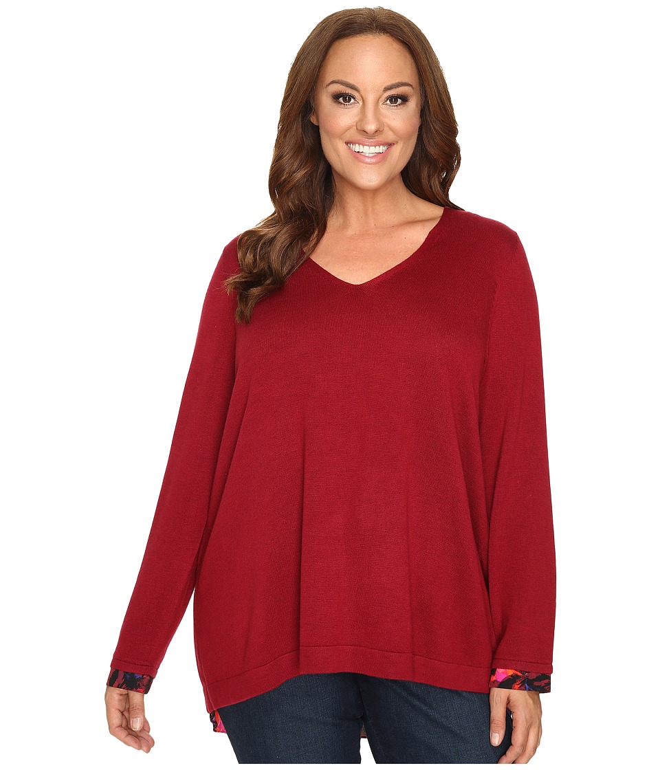NYDJ Plus Size - Plus Size Mixed Media V-Neck Sweater (Carmine Promise) Women