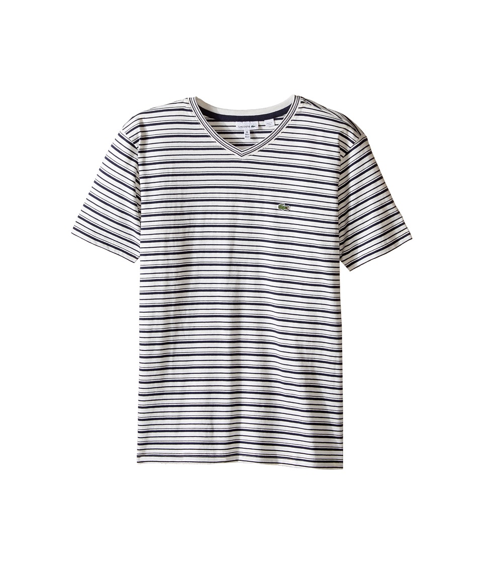 Lacoste Kids - Short Sleeve V-Neck Striped Tee Shirt (Toddler/Little Kids/Big Kids) (Flour/Navy Blue) Boy