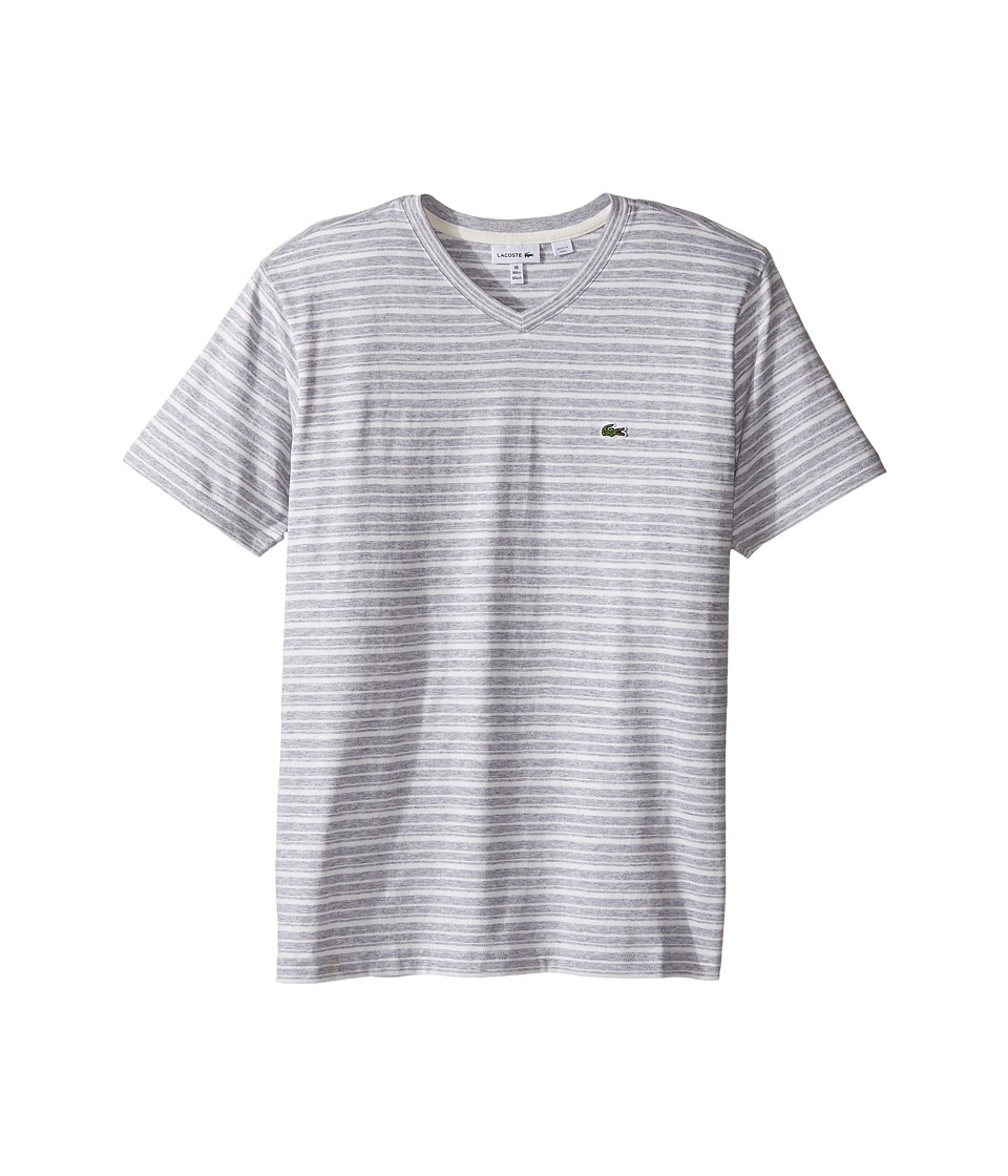 Lacoste Kids - Short Sleeve V-Neck Striped Tee Shirt (Toddler/Little Kids/Big Kids) (Silver Chine/Flour 1) Boy