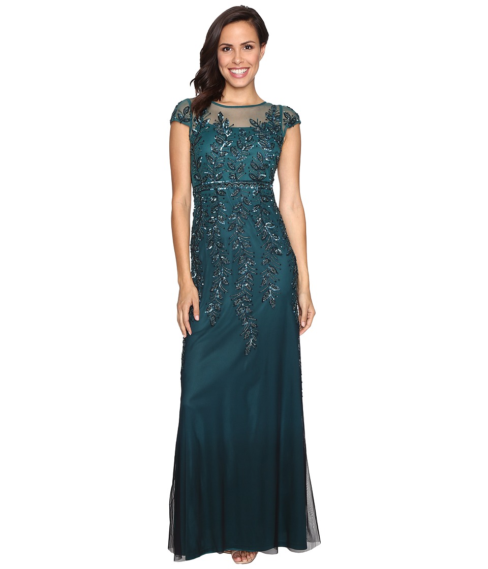 Adrianna Papell Illusion Neckline Embellished Gown (Hunter) Women