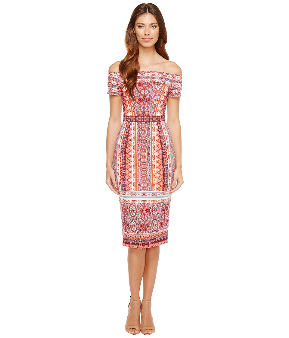 Maggy London Off the Shoulder Scuba Midi Dress (Orange/Blue) Women