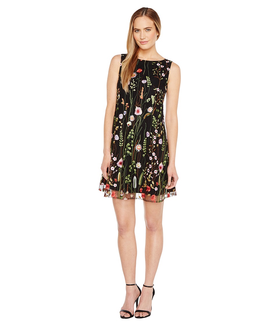 Tahari by ASL Floral Embroidered Trapeze Dress (Black/Lime/Flame) Women