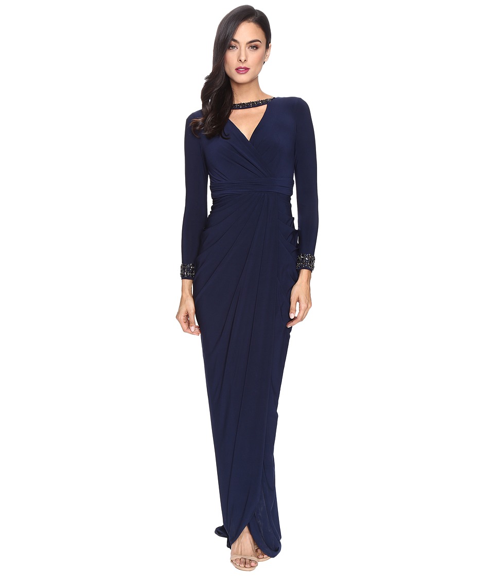 Adrianna Papell Long Sleeve Deep V-Neck Wrap Front Jersey Dress with Wrap Skirt (Midnight) Women