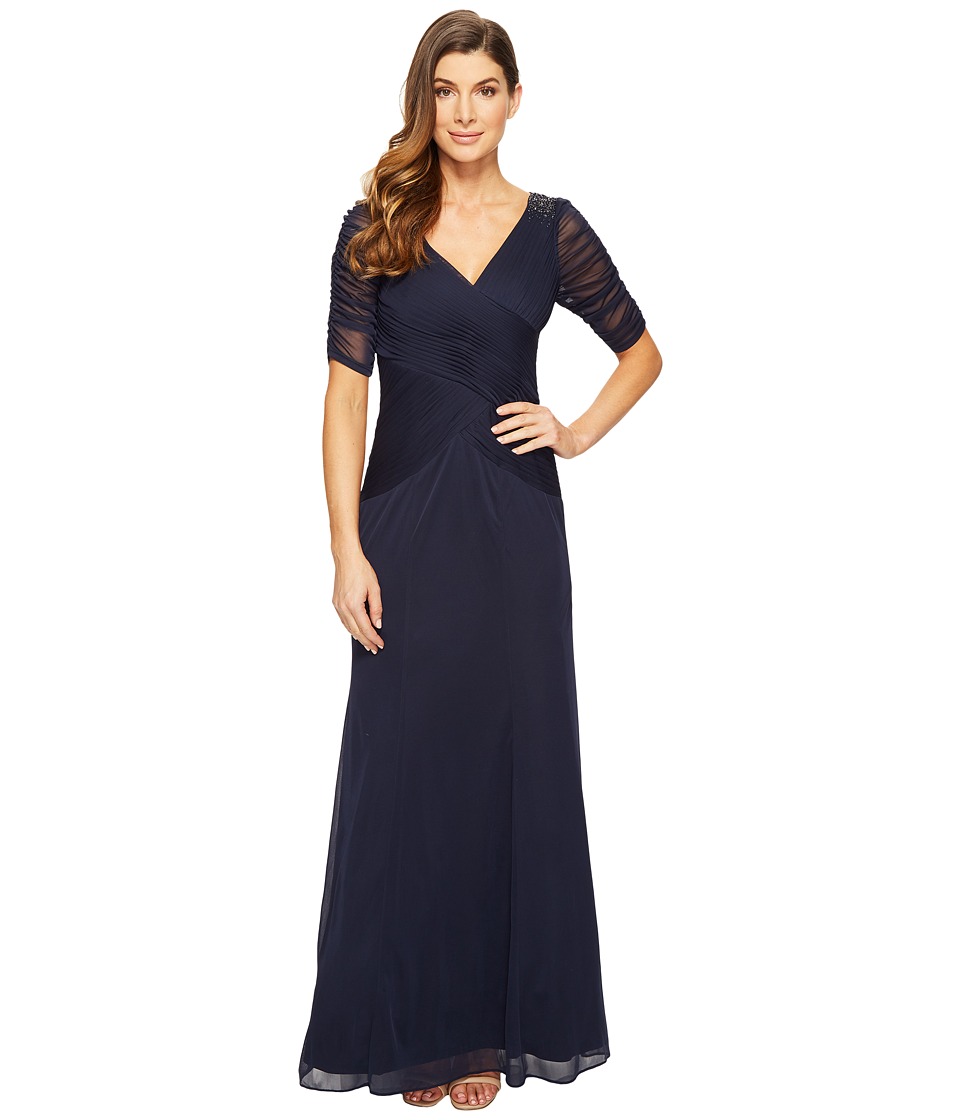Adrianna Papell 3/4 Length Sleeve Rouched Stretch Tulle Dress with Beading (Ink) Women