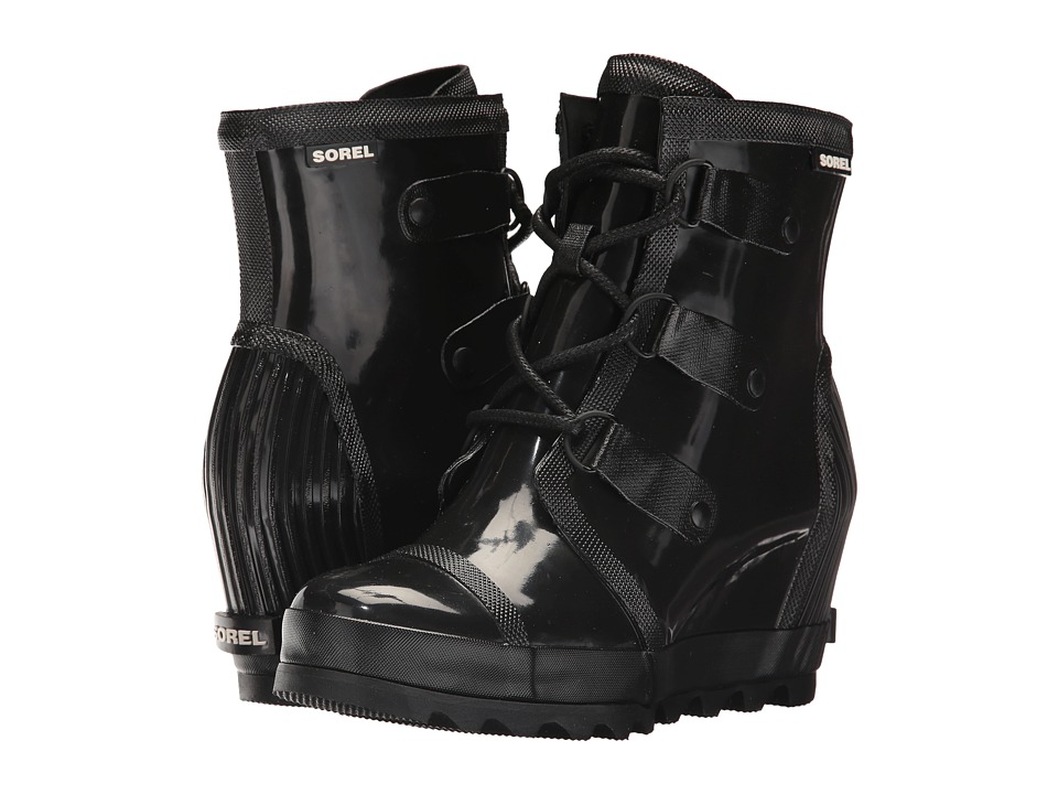 SOREL Joan Rain Wedge Gloss (Black/Sea Salt) Women