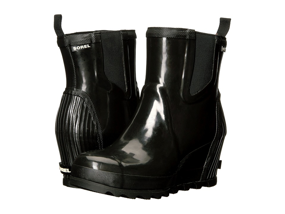 SOREL Joan Rain Wedge Chelsea Gloss (Black/Sea Salt) Women