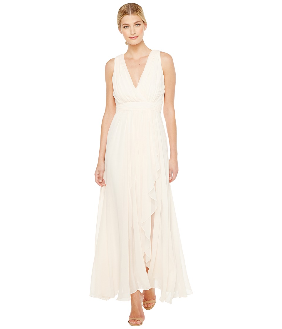 Badgley Mischka V-Neck Draped Gown with Slit (Blush) Women