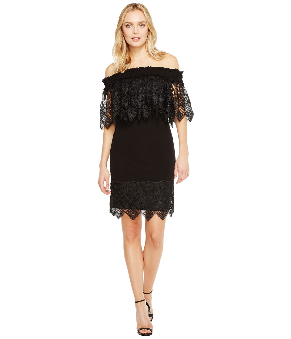 Badgley Mischka Off the Shoulder Silk Dress Trimmed in Lace (Black) Women