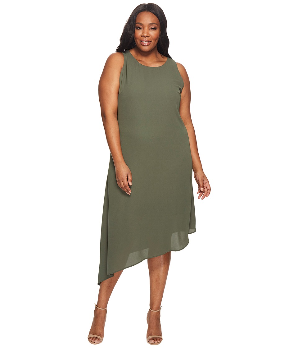 Karen Kane Plus Plus Size Sheer Asymmetric Hem Dress (Olive) Women