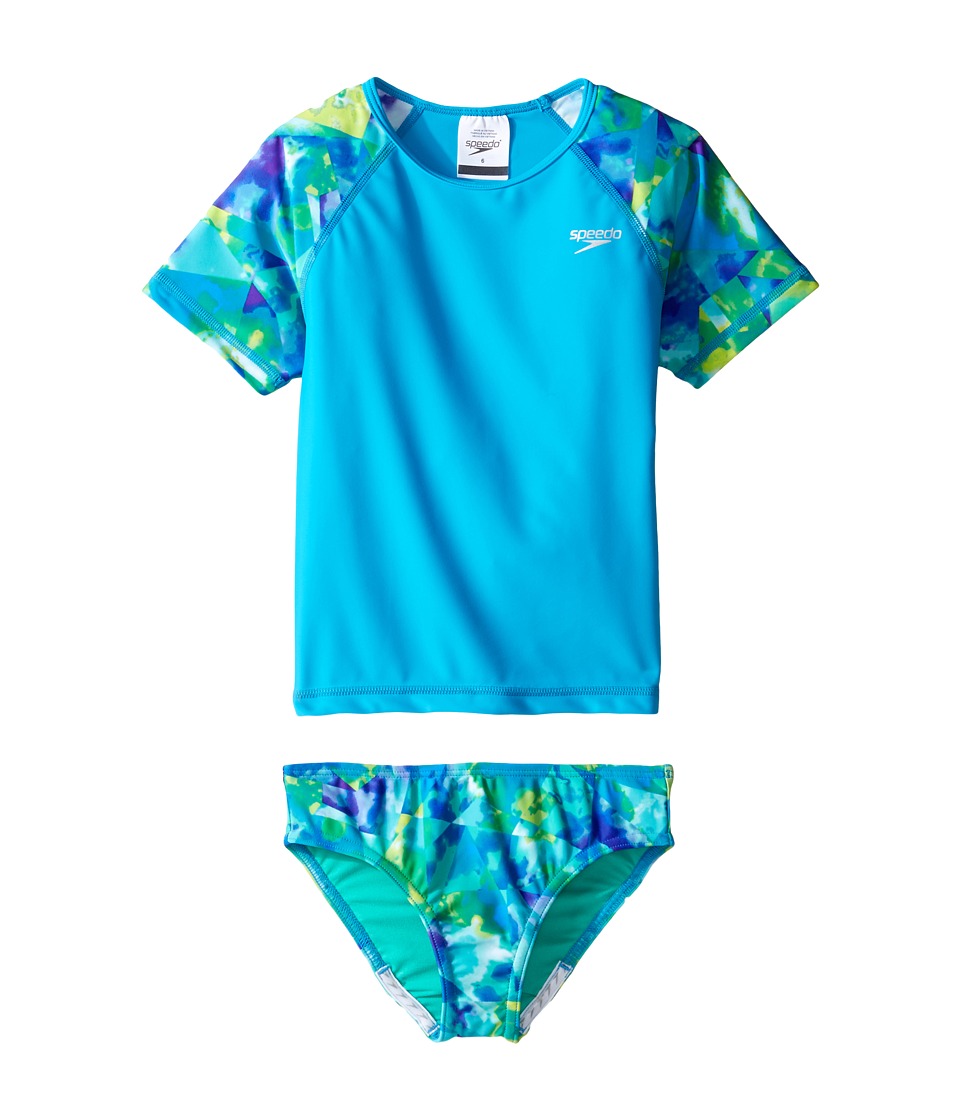 Speedo Kids Short Sleeve Printed Rashguard Two-Piece Swimsuit Set (Little Kids) (Cyan) Girl