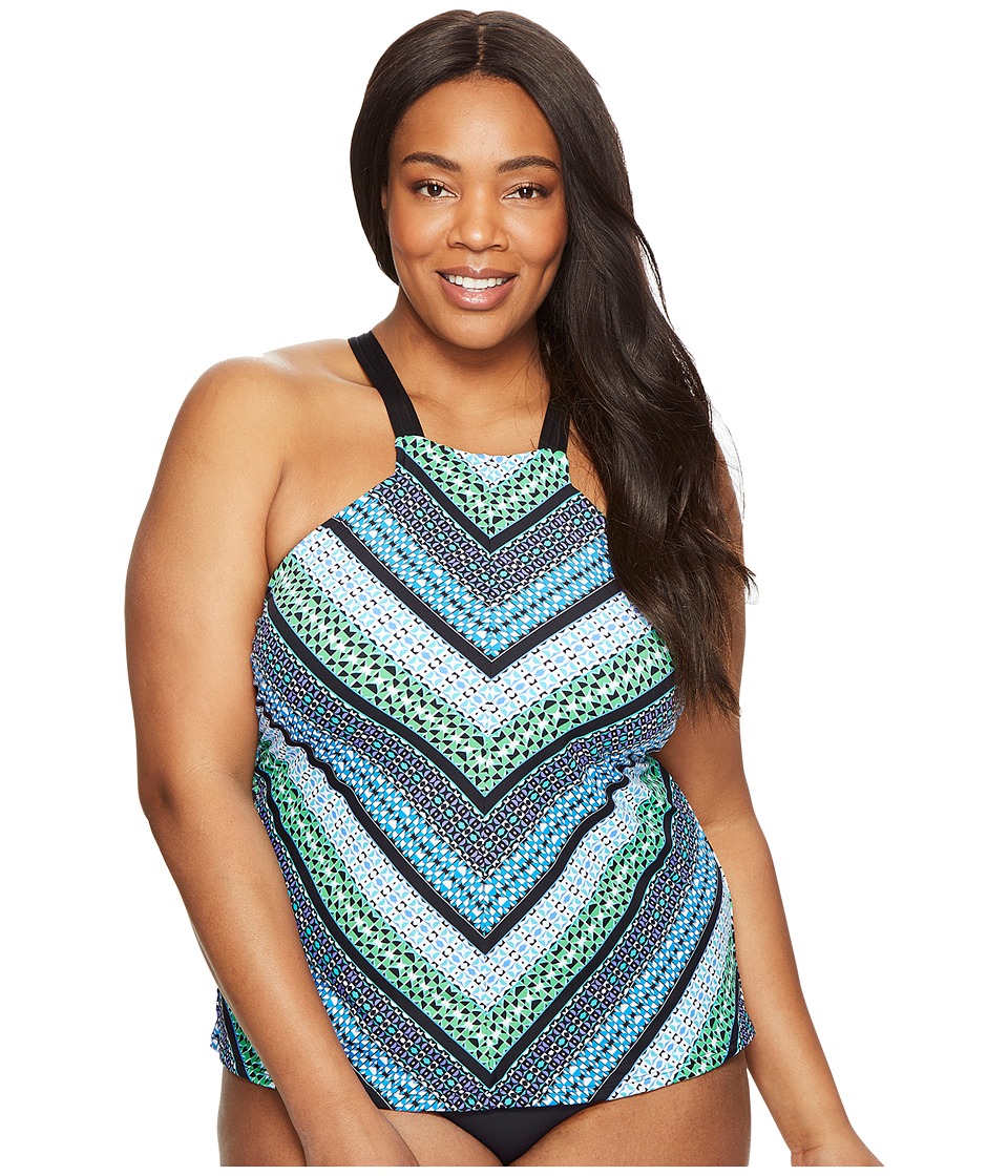 Jantzen Plus Size Geo Graphic Stripe High Neck Tankini (Cool) Women