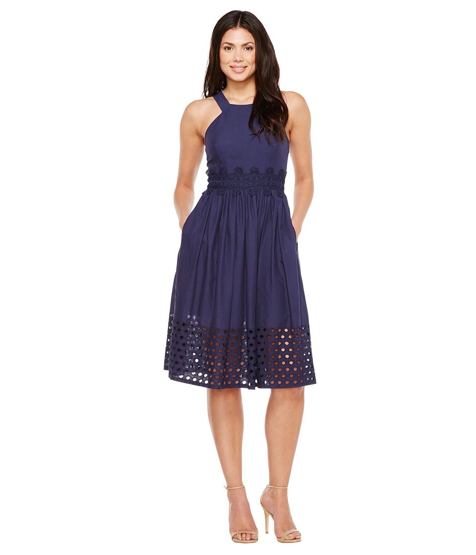 Vince Camuto Cotton Eyelet Sleeveless Fit and Flare Midi Dress (Navy) Women
