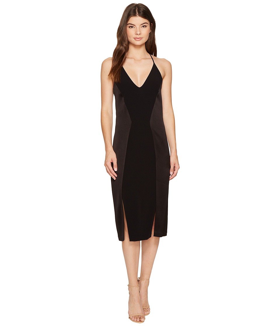 Halston Heritage Sleeveless V-Neck Satin Slip Dress w/ Back Cut Outs (Black) Women