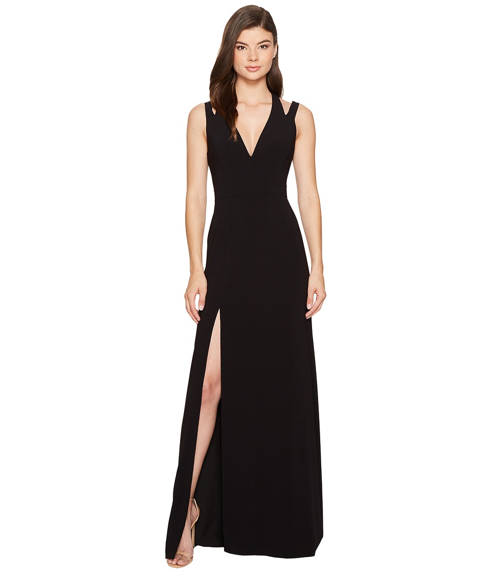 Halston Heritage Sleeveless Deep V-Neck Crepe Gown w/ Back Cut Outs (Black) Women
