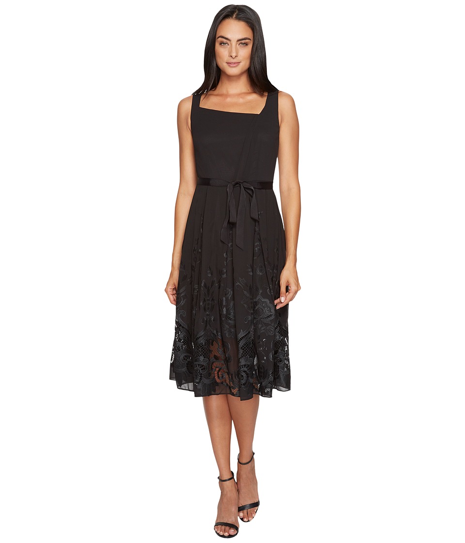 Tahari by ASL Embroidered Hem Chiffon Dress (Black) Women