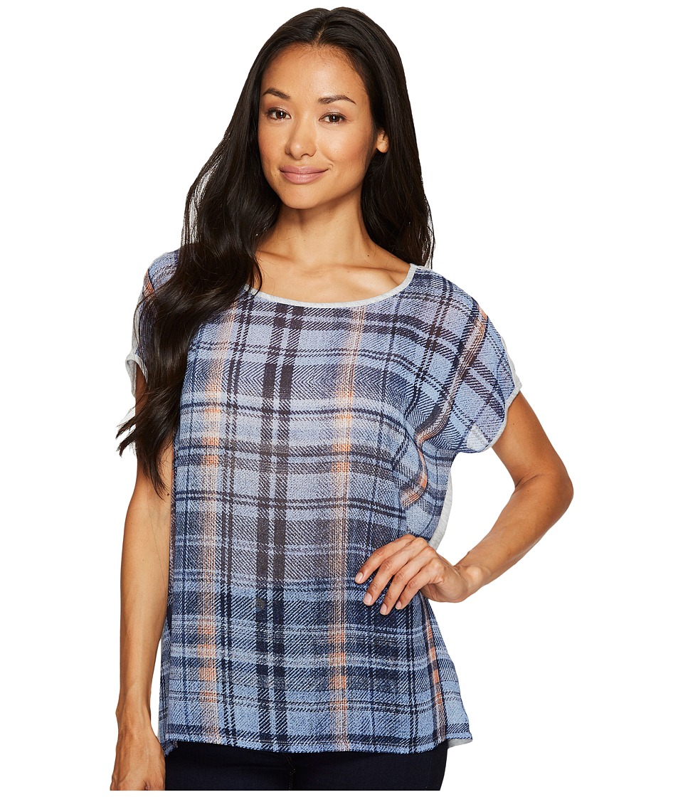 TWO by Vince Camuto Short Sleeve Mixed Media Plaid Textures Tee (Grey Heather) Women