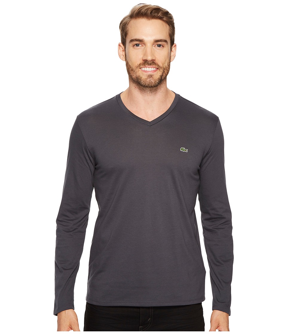 Lacoste Long Sleeve V-Neck Tee Shirt (Graphite) Men